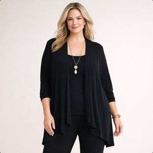 Chico’s Travelers Black Open Front Drape Cardigan Step Hem Size 3 Stretch